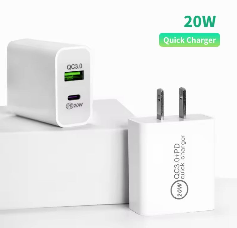 Dual Port USB-C/USB-A Charger, 20W, QC3.0 Fast Charging Block